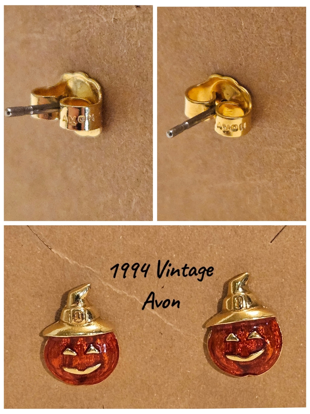 Avon Kids Pumpkin Jack-o'-Lantern Stud Earrings - Gold and Orange